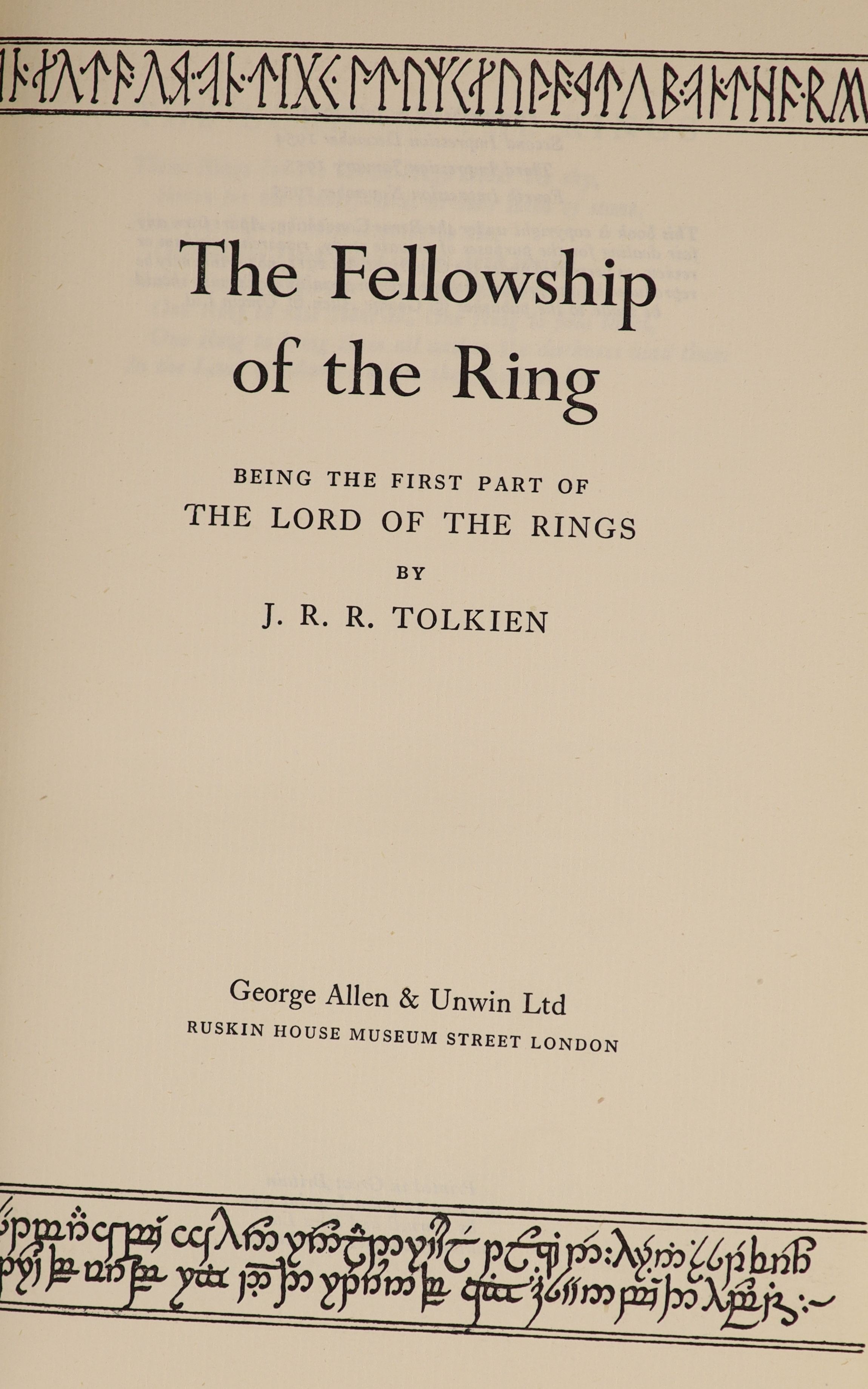 Tolkien, John Ronald Reuel - The Lord of the Rings, 1st editions, 2nd impressions of The Two Towers and The Return of the King, 1955, 4th impression of The Fellowship of the Ring, 1955, all original cloth, all with uncli